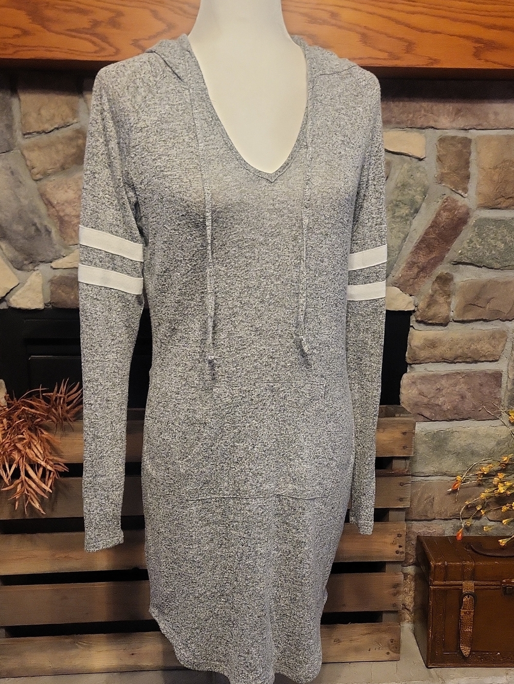 No Boundaries Gray Hooded Long Sleeve Sweater Dress with White Arm Stripes
